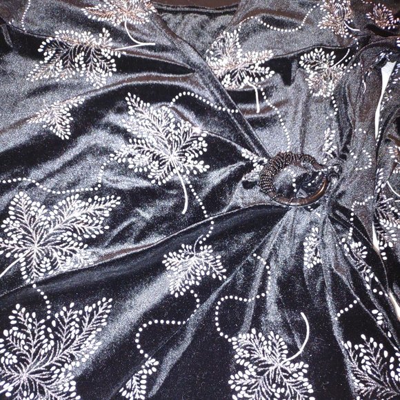 NOTATIONS BLACK SILVER  GLITTER SPARKLE LEAF PATTERN FORMAL SHORT SLEEVE TOP M - Picture 6 of 11